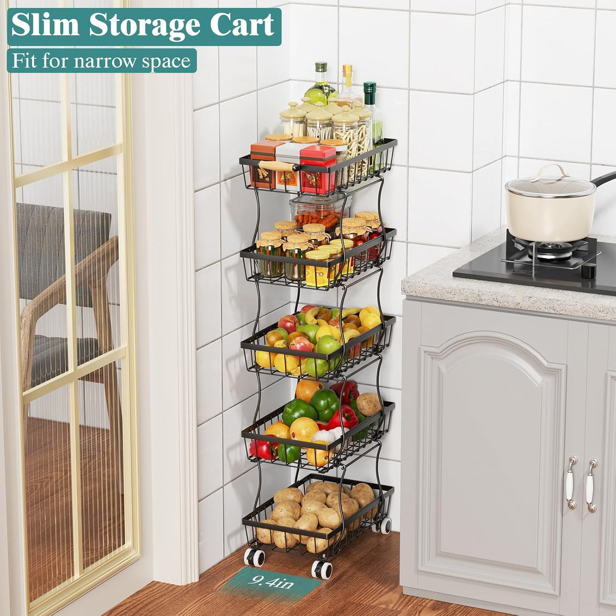 CHLORYARD 4 Tier Slim Fruit Basket for Kitchen, Stackable Metal Wire Fruit Vegetable Storage Baskets Organizer Stand on Wheels, Produce Basket Potato Onion Storage Bins Rack for Pantry. (Black)