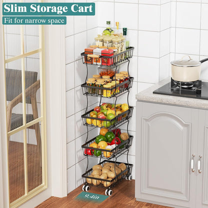 CHLORYARD 4 Tier Slim Fruit Basket for Kitchen, Stackable Metal Wire Fruit Vegetable Storage Baskets Organizer Stand on Wheels, Produce Basket Potato Onion Storage Bins Rack for Pantry. (Black)