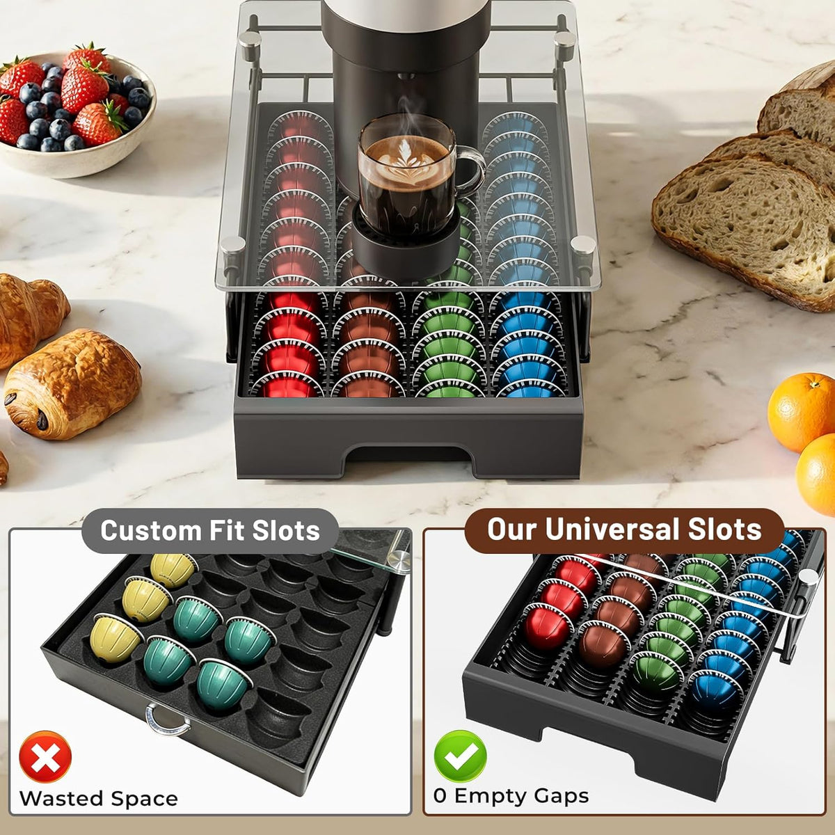 EVERIE Wooden Coffee Pod Storage Drawer for Nespresso VertuoLine Capsules, Large Capacity Countertop Coffee Station Organizer, Rustic Brown