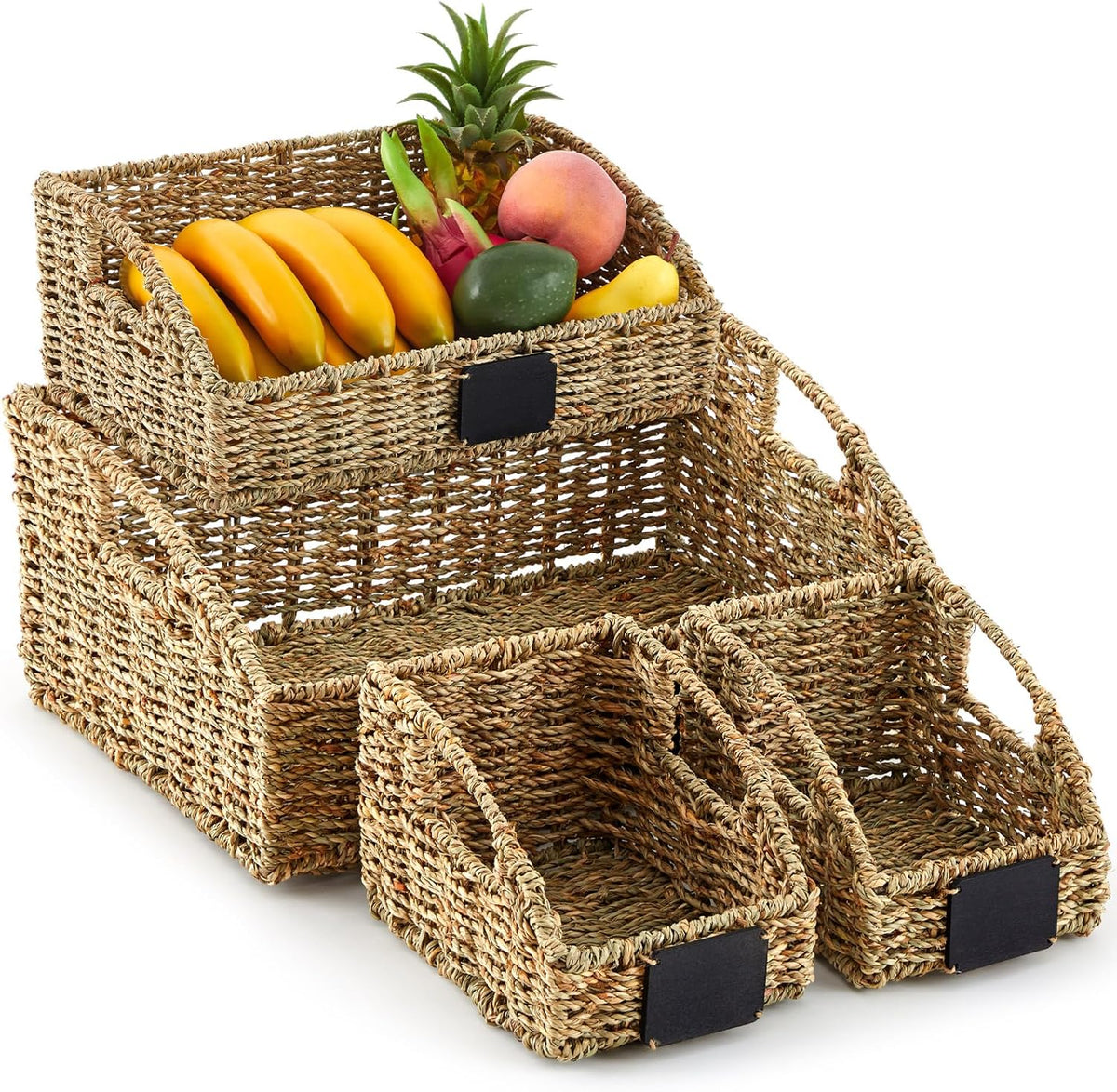 Wonderjune 4 Pcs Water Hyacinth Storage Basket Set Boho Wicker Rattan Pantry Basket with Chalkboard Label Handles Woven Container Kitchen Laundry Large Small for Shelves Food Home Bathroom Decor