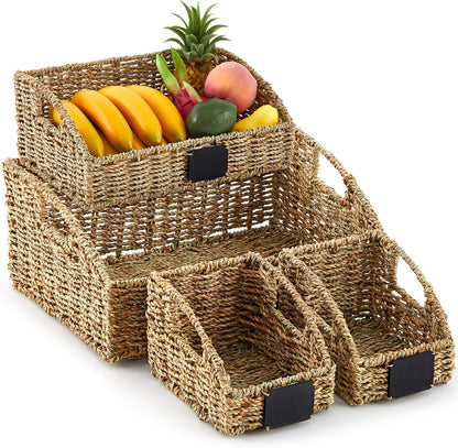 Wonderjune 4 Pcs Water Hyacinth Storage Basket Set Boho Wicker Rattan Pantry Basket with Chalkboard Label Handles Woven Container Kitchen Laundry Large Small for Shelves Food Home Bathroom Decor