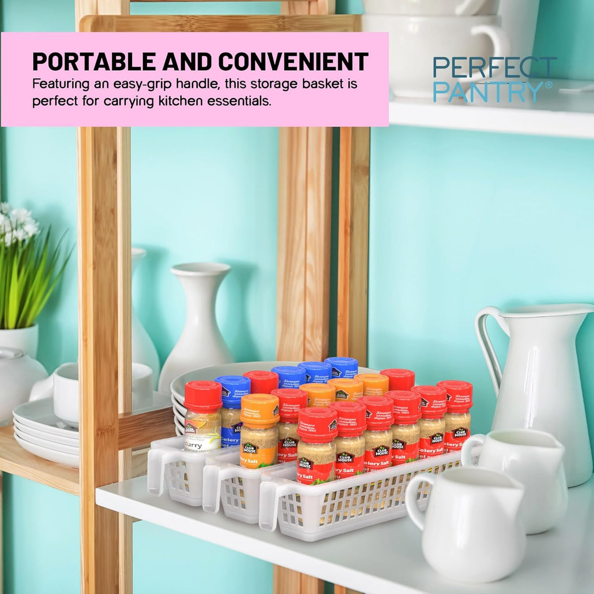 Handy Basket – Kitchen Discovery – Kitchen Pantry Organizers and Storage - Plastic Organizer Bins with Handles in Large Size for Chip Bags, Cake Mixes, Pasta, and Condiments