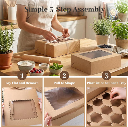 VGOODALL 12 Count Cupcake Boxes, 6PCS Cupcake Container with Window Boxes Holding 72 Pastry Box for Birthday Holiday Party Bakery Supplies 13.2"x9.8"x4"