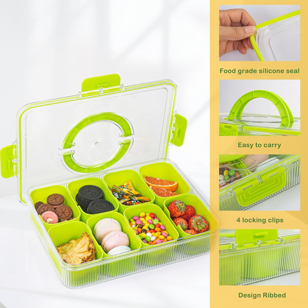 Patent Design Ribbed Snackle Box Container Snack Container Divided Serving Tray with Lid and Handle, 8 Divider Portable Snacklebox for Travel Beach for Charcuterie Veggie Fruit Candy,1 Pack