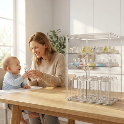 Baby Bottle Organizer, 3 Tiers Adjustable Bottle Storage Container for Countertop, Acrylic Bottle Station with 2 Removable Dividers and Double Magnetic Doors, Suitable for Kitchen Bathroom Vanity