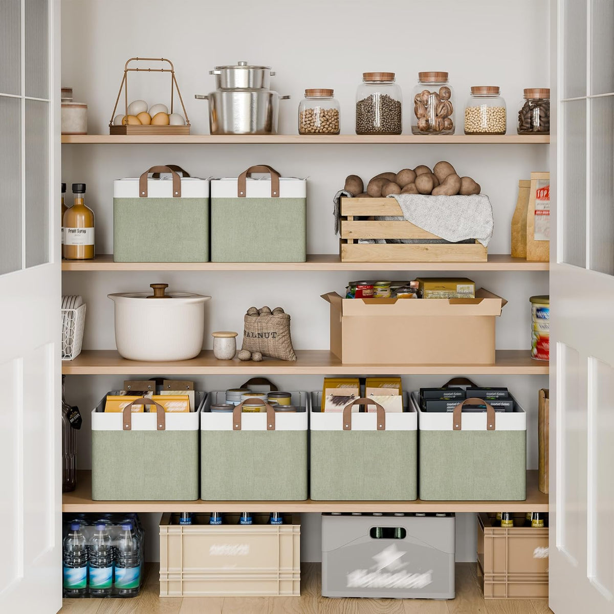 StorageWorks Storage Bins, Shelves Baskets for Organizing, Fabric Closet Organizers with Handles, Metal Frame, Beige-Cotton-linen, 2-Pack