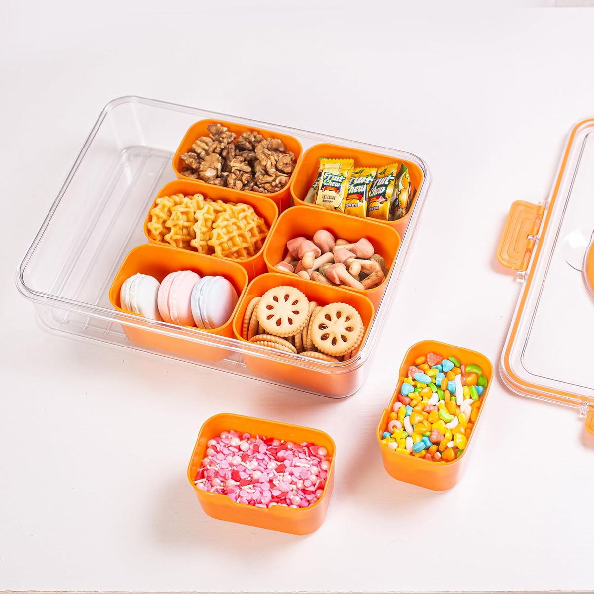 Dingerjar Divided Serving Tray with Lid and Handle - Snackle Box Charcuterie Container for Portable Snack Platters - Clear Organizer for Candy, Fruits, Nuts, Snacks - Perfect for Party, Entertaining