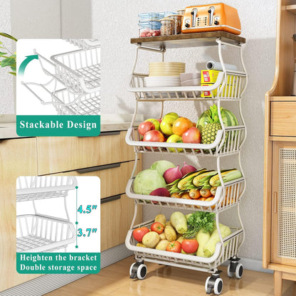 SAYZH Fruit Basket Kitchen Pantry Organizers and Storage - Wooden Top Table, Stackable Metal Wire Basket Stand Cart for Fruit Vegetable Snacks Onion Potato Organization (Black, 5 Tiers)