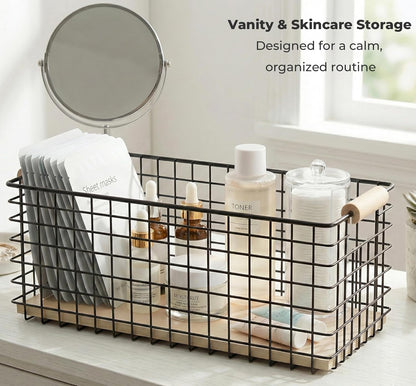 Wire Storage Baskets with Solid Wood Handles, Set of 2 – Metal Organizer Basket with MDF Base for Kitchen Countertop, Bathroom, Pantry, Entryway, Office | 12.8” x 6.25” | Black