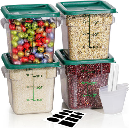 4QT NSF Food Storage Containers: 8 PCS [Food Grade][Hot&Cold Resistant] Commercial Clear Food Storage Containers with Lids for Restaurant Kitchen Proof Dough, Measuring Spoons Included(BPA FREE) - Colors A