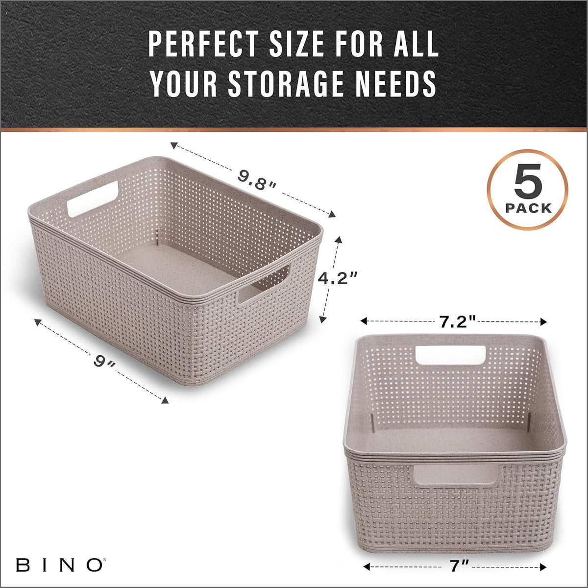 BINO | Woven Plastic Basket | Small (Natural), 5-Pack | THE JUTE COLLECTION | Home Organization, Space - Saving Storage, Stylish Design | Jute Basket | Plastic Storage Basket