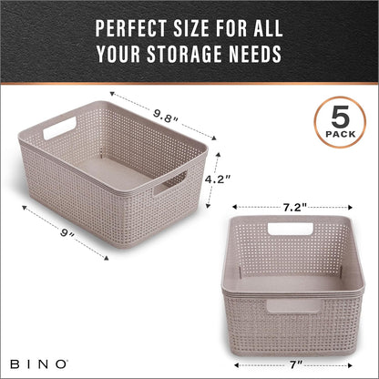 BINO | Woven Plastic Basket | Small (Natural), 5-Pack | THE JUTE COLLECTION | Home Organization, Space - Saving Storage, Stylish Design | Jute Basket | Plastic Storage Basket