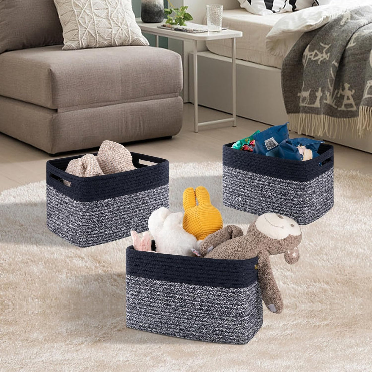4 Pack Storage Baskets for Organizing, Woven Baskets for Shelves - Perfect for Toys, Books, Towels, and Clothes, Durable Gift Basket Bins Toy Storage, 12.7''Lx9''Wx7.8''H, Brown & White