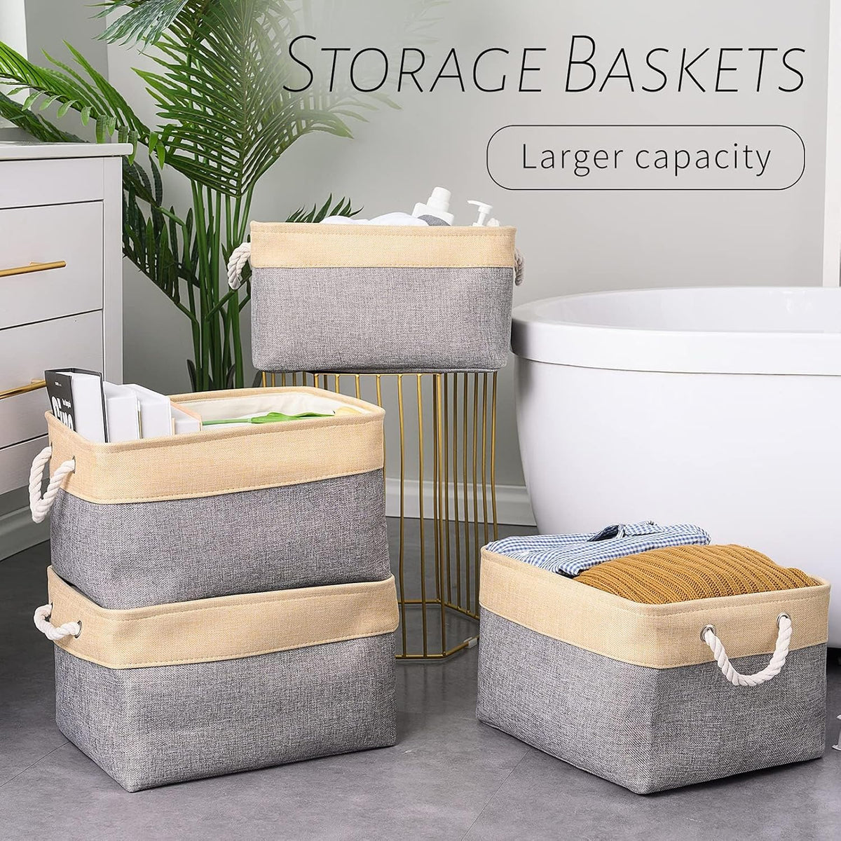 Fabric Storage Bins 12x8x5 inch [6-Pack] with Rope Handles - Decorative Baskets for Organizing