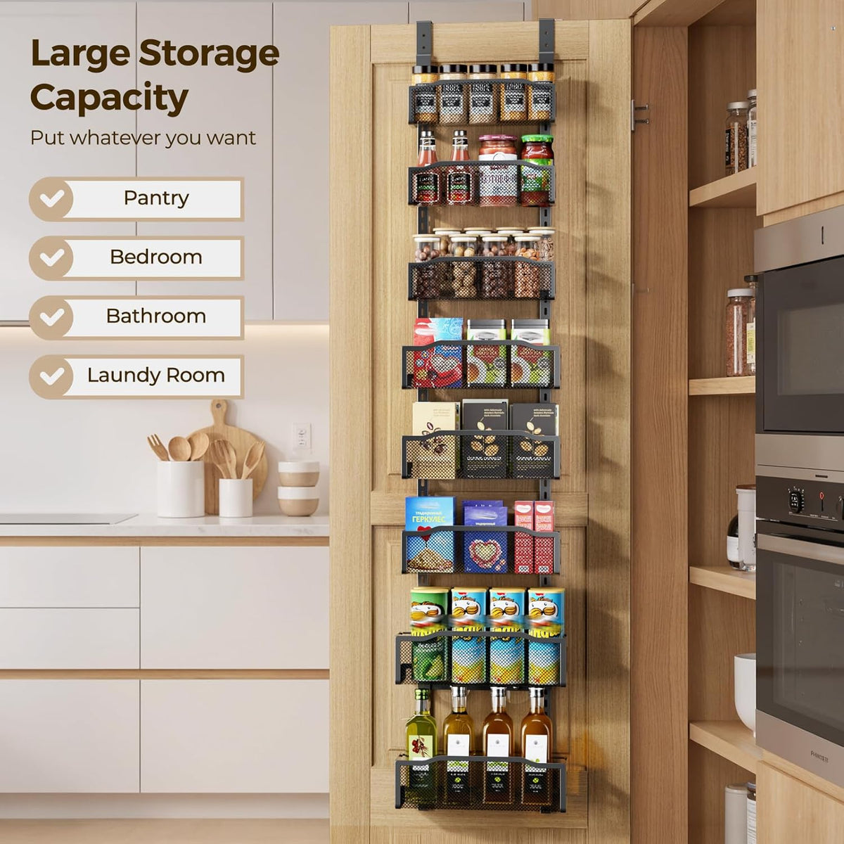 Delamu 8 Tier Over the Door Pantry Organizer, 2in1 Hanging or Wall Mount Spice Rack Seasoning, Adjustable Heavy-Duty Narrow Pantry Door Organizer and Storage for Kitchen Cabinet and Bathroom,12" White