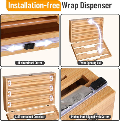 Allinside Magnetic Plastic Wrap Dispenser with Cutter, 3 in 1 Refrigerator Bamboo Wood Organizer for Tin Foil, Baking, Wax Paper Holder Kitchen Storage Box Compatible with 12.9" Roll, Black (3 Layer)