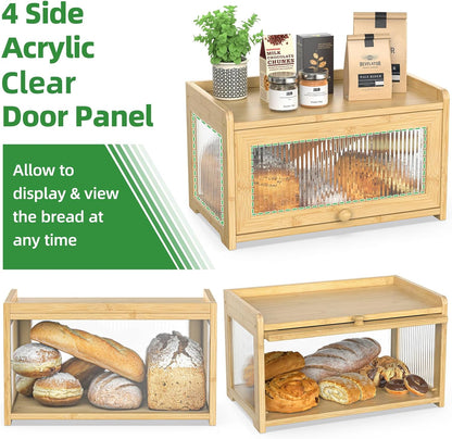 BAMBANG Bamboo Bread Box for Kitchen Countertop, Extra Large Farmhouse Bread Box with 4-Side Clear Panels, Wooden Bread Storage Container for Homemade Bread, Natural