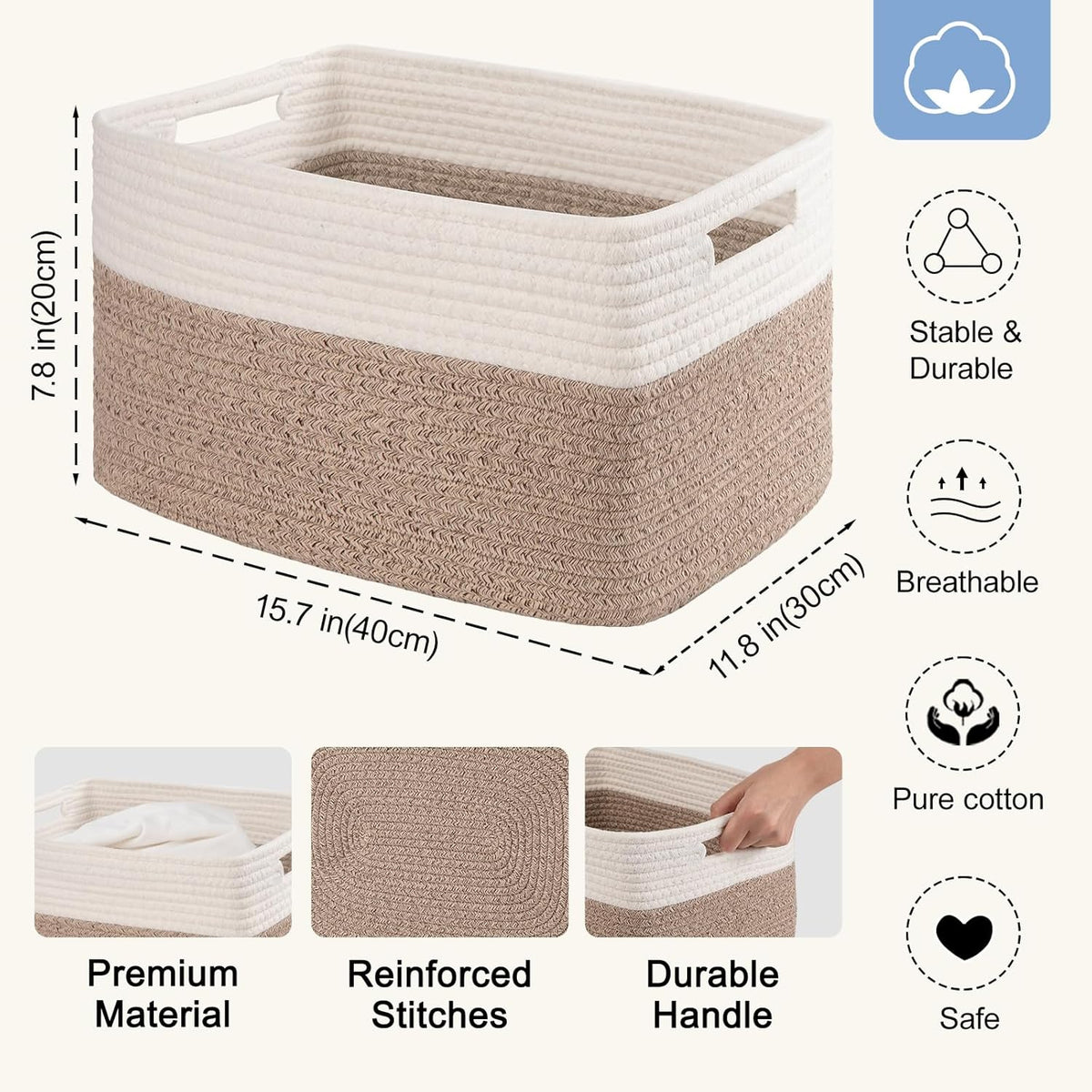 4 Pack Storage Baskets for Organizing, Woven Baskets for Shelves - Perfect for Toys, Books, Towels, and Clothes, Durable Gift Basket Bins Toy Storage, 12.7''Lx9''Wx7.8''H, Brown & White