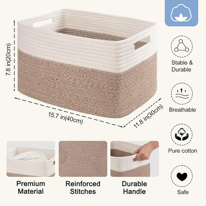 4 Pack Storage Baskets for Organizing, Woven Baskets for Shelves - Perfect for Toys, Books, Towels, and Clothes, Durable Gift Basket Bins Toy Storage, 12.7''Lx9''Wx7.8''H, Brown & White