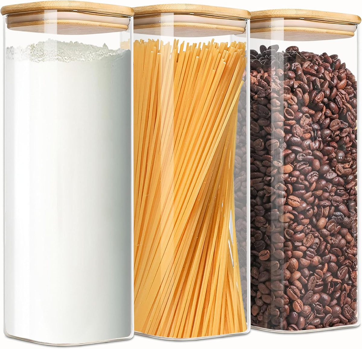 2.2 Qt Square Glass Storage Containers with Lids, Clear Food Storage Container Jar with Sealing Bamboo Lid Storage Containers for Pasta, Oats, Coffee, Flour, Sugar (Square -3Pack)