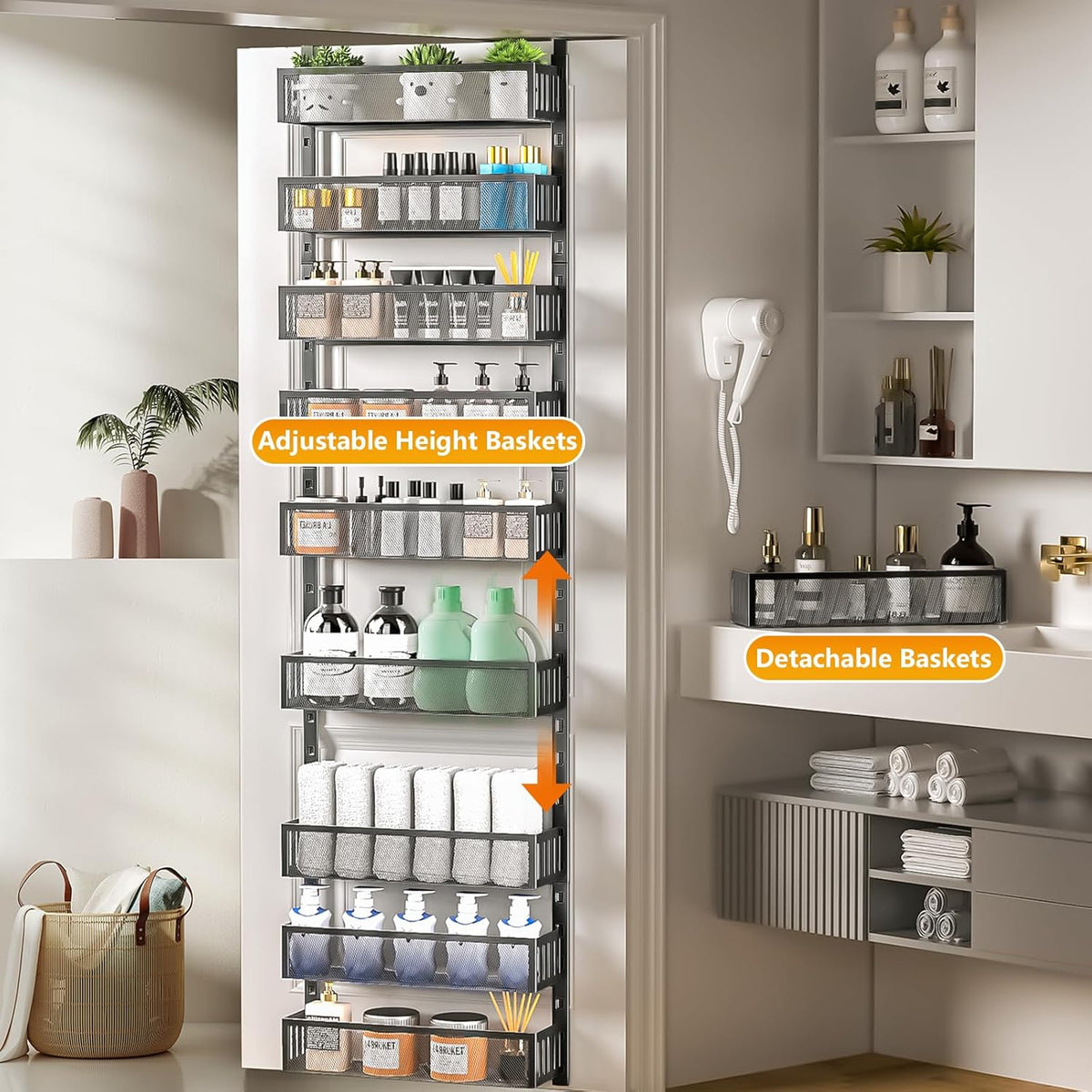 6-Tier Over The Door Pantry Organizer with Mesh Baskets, Adjustable & Stable Hanging Spice Rack for Kitchen, Bathroom, Bedroom, and Baby Essentials Storage
