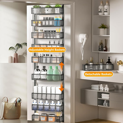6-Tier Over The Door Pantry Organizer with Mesh Baskets, Adjustable & Stable Hanging Spice Rack for Kitchen, Bathroom, Bedroom, and Baby Essentials Storage