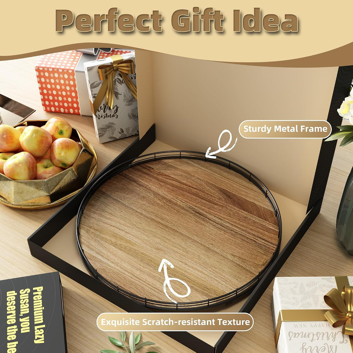 Acacia Wood 13" Lazy Susan Turntable Organizer for Table Top, Farmhouse Round Wooden Lazy Susan for Cabinet Kitchen Centerpieces Coffee Table, for Condiments Spices, Bathroom Vanity Tray Decor