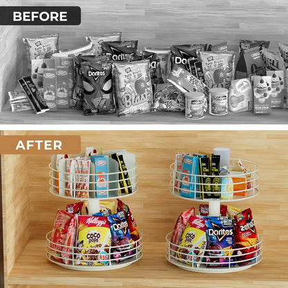 Snack Organizer - Versatile Snack Storage 2 Tier Lazy Susan with Convenient Grab-and-Go Design, Wood and Metal Snack Holder for Home, Office, Breakroom, 12.13" L x 12.13" W x 12.56" H