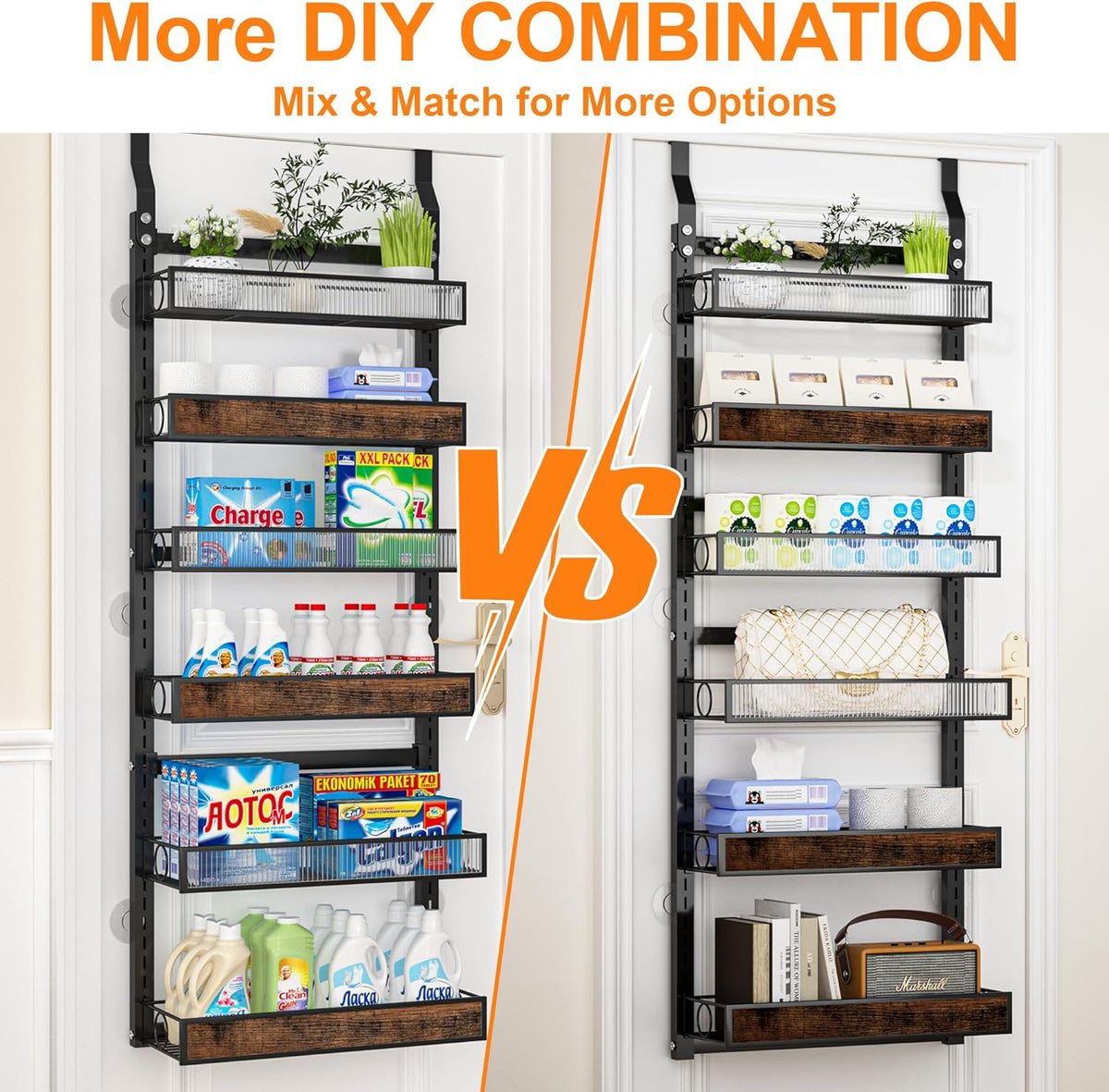 8 Tier Pantry Door Organizer Spice Rack, 2-IN-1 Wall Mount or Hanging Over Door Seasoning Organizer with Adjustable Baskets, Heavy Duty Behind Door Storage Shelves for Pantry, Cabinet and Kitchen