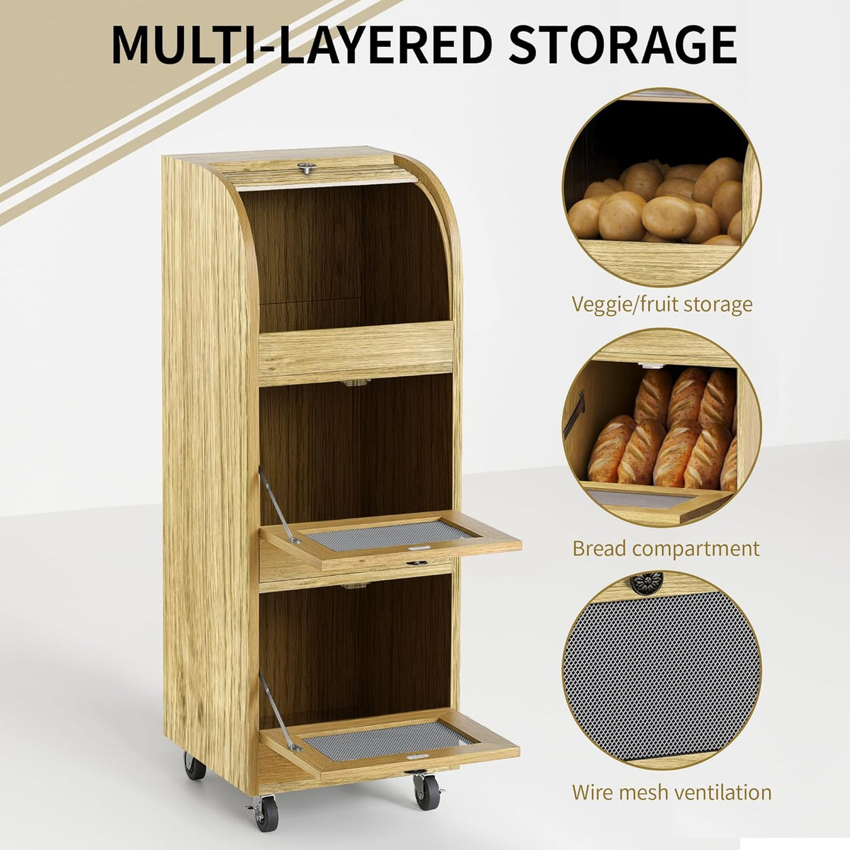 Movable Potato and Onion Storage Box with Wheels,Wooden Vegetable Storage Box,Food Storage Room with Grocery Area,Sliding Design,Modern Farmhouse Style，Suitable for Kitchen (potato bin-Walnut-02)