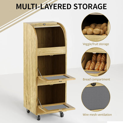 Movable Potato and Onion Storage Box with Wheels,Wooden Vegetable Storage Box,Food Storage Room with Grocery Area,Sliding Design,Modern Farmhouse Style，Suitable for Kitchen (potato bin-Walnut-02)