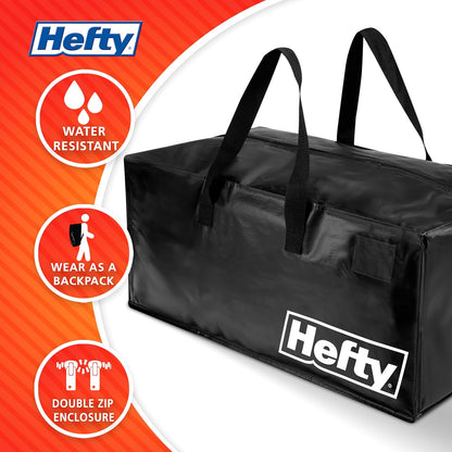 Hefty Storage Bags Extra Large Double Zipper Backpack, Heavy Duty Water Resistant Moving Totes with Shoulder Straps, Foldable Reusable Packing Organizers, 2 Pack (X-Large Black)