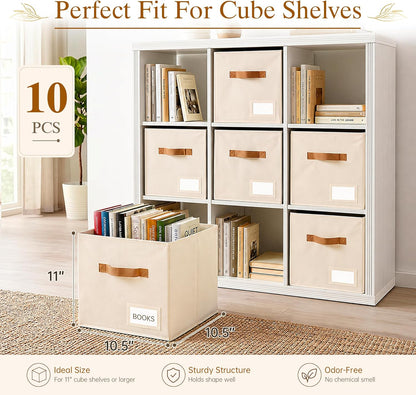 Storage Cubes, 11 Inch Fabric Storage Cubes Organizer Bins with Labels, Odor-Free & Sturdy PP Structure, Cubby Baskets for Closet, Shelves, Toys & Nursery (Beige)