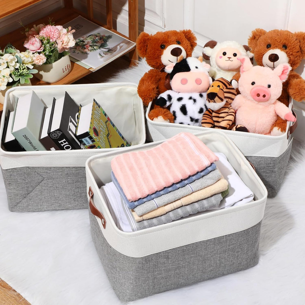 Uiifan 10 Pcs Collapsible Storage Bins Fabric Foldable Storage Basket with Handles Cloth Organizer Linen Shelf Baskets for Shelves Home Closet Nursery Toys(16 x 12 x 10 Inch,Gray and White)