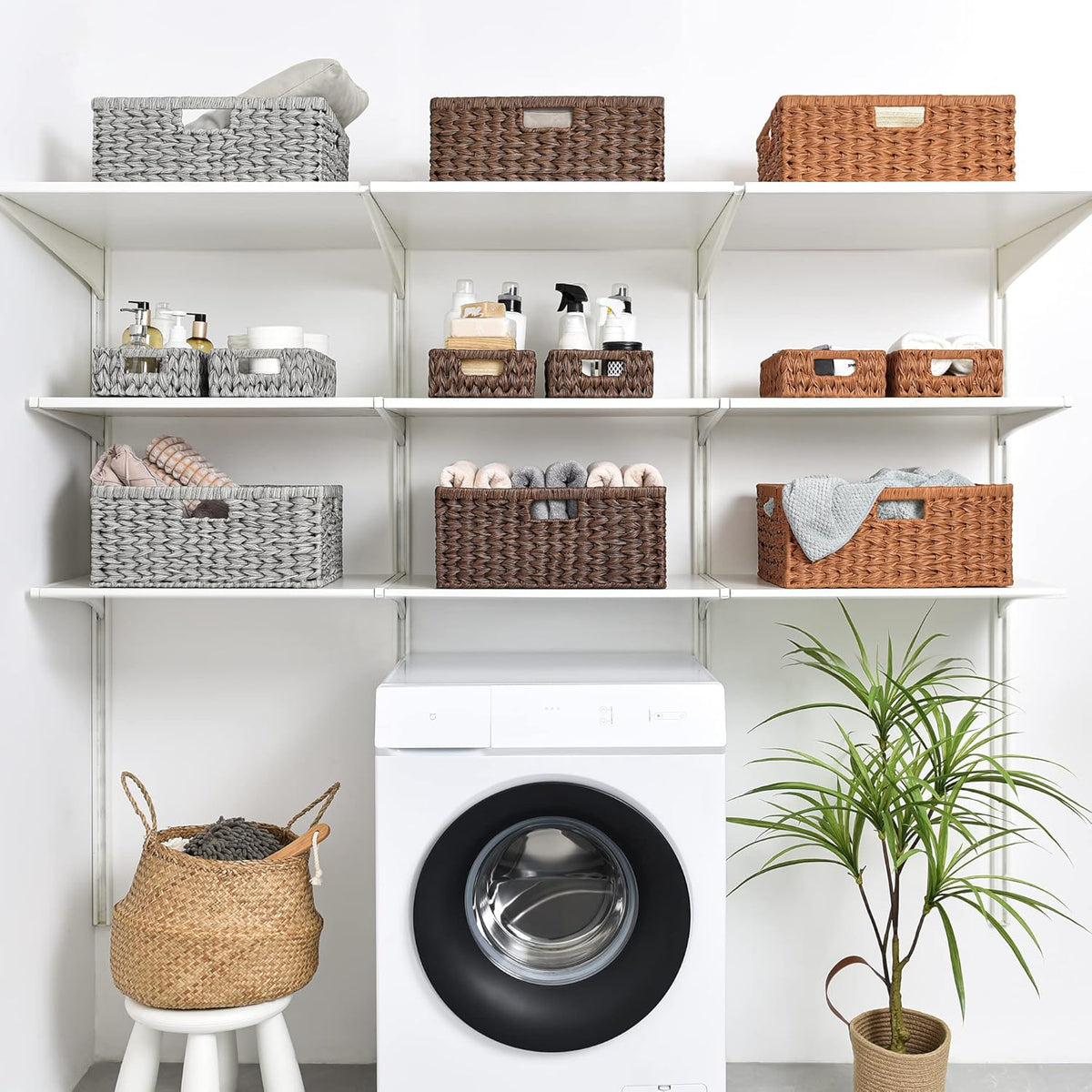 GRANNY SAYS Wicker Storage Baskets for Shelves, Wicker Baskets for Organizing, Waterproof Woven Basket for Pantry, Rectangle Basket for Shlef, Brown, 2-Pack