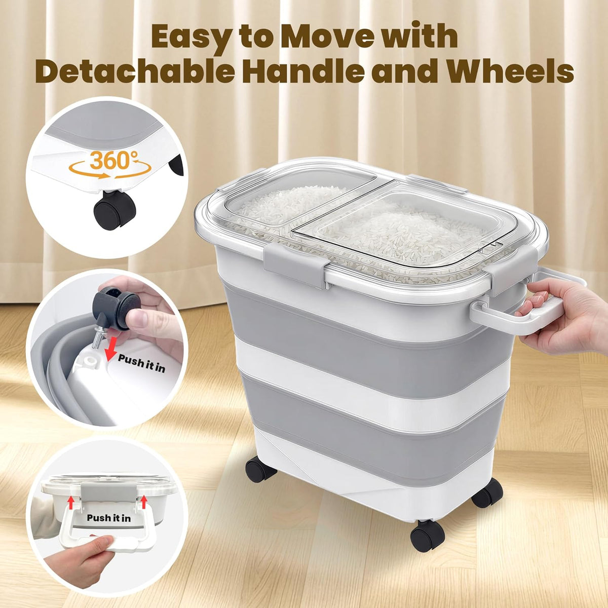 HOYTAMDA 25-35Lbs Rice Container,Collapsible Airtight Food Storage Containers with Wheels,Handle,Rice Storage Container with Small Bin and Scoop,Rice Dispenser for Flour Sugar Cereal Grain Dog Cat
