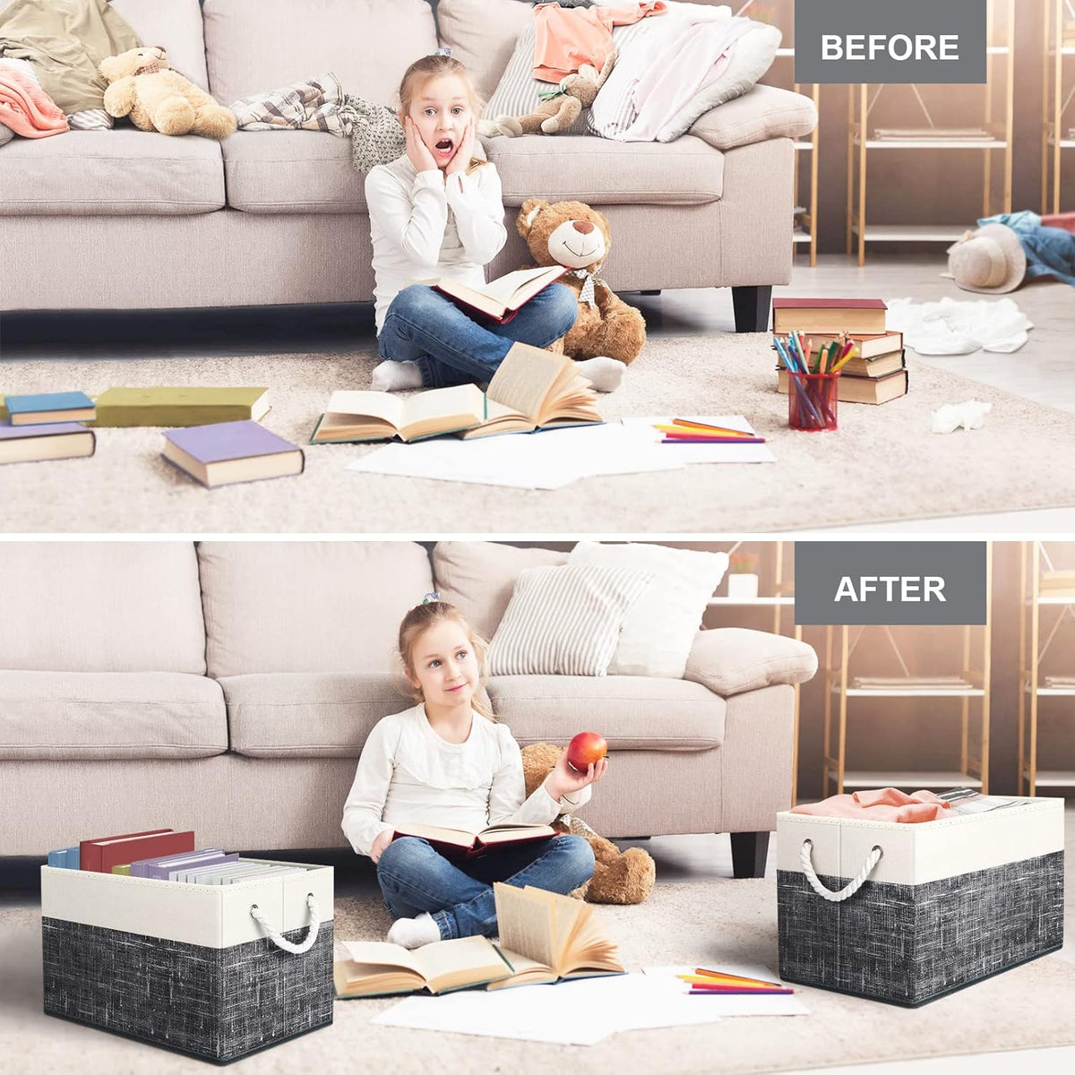 Fab totes Storage Bins, Foldable Storage Baskets for Organizing Toys, Books, Shelves, Closet, Large Storage Box with Rope Handles, Sturdy Organizer Bins, White & Grey