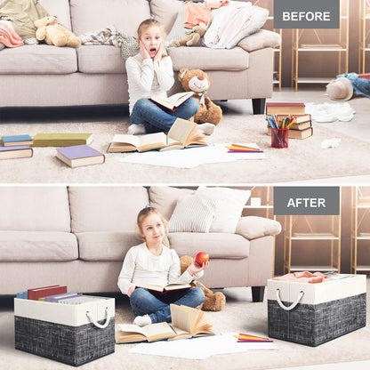 Fab totes Storage Bins, Foldable Storage Baskets for Organizing Toys, Books, Shelves, Closet, Large Storage Box with Rope Handles, Sturdy Organizer Bins, White & Grey