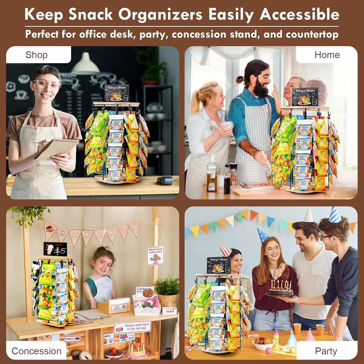Pinzoveco Chip Rack Display Stand, 5 Tiers 40 Clips Snack Organizer for Office Desk, 360° Rotating Wooden Base Chip Holder Candy Display for Concession Stand, Countertop, Party, With Message Board
