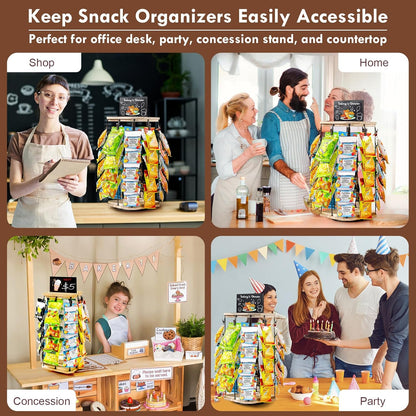 Pinzoveco Chip Rack Display Stand, 5 Tiers 40 Clips Snack Organizer for Office Desk, 360° Rotating Wooden Base Chip Holder Candy Display for Concession Stand, Countertop, Party, With Message Board