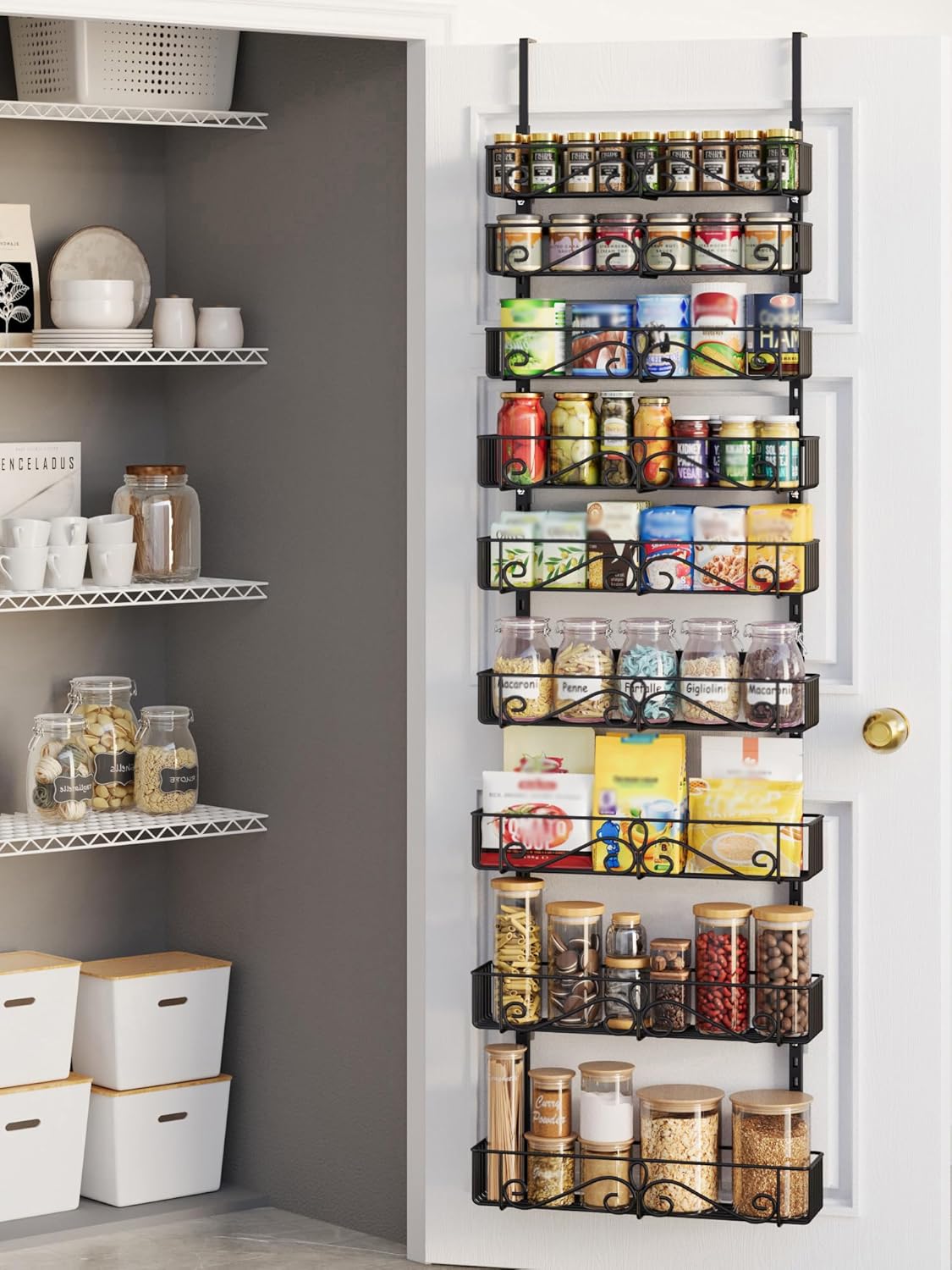 6-Tier Over the Door Pantry Organizer, Pantry Organization And Storage, Hanging Storage Organizer Spice Rack Metal Shelving for Home & Kitchen, Office Laundry Room Bathroom Black