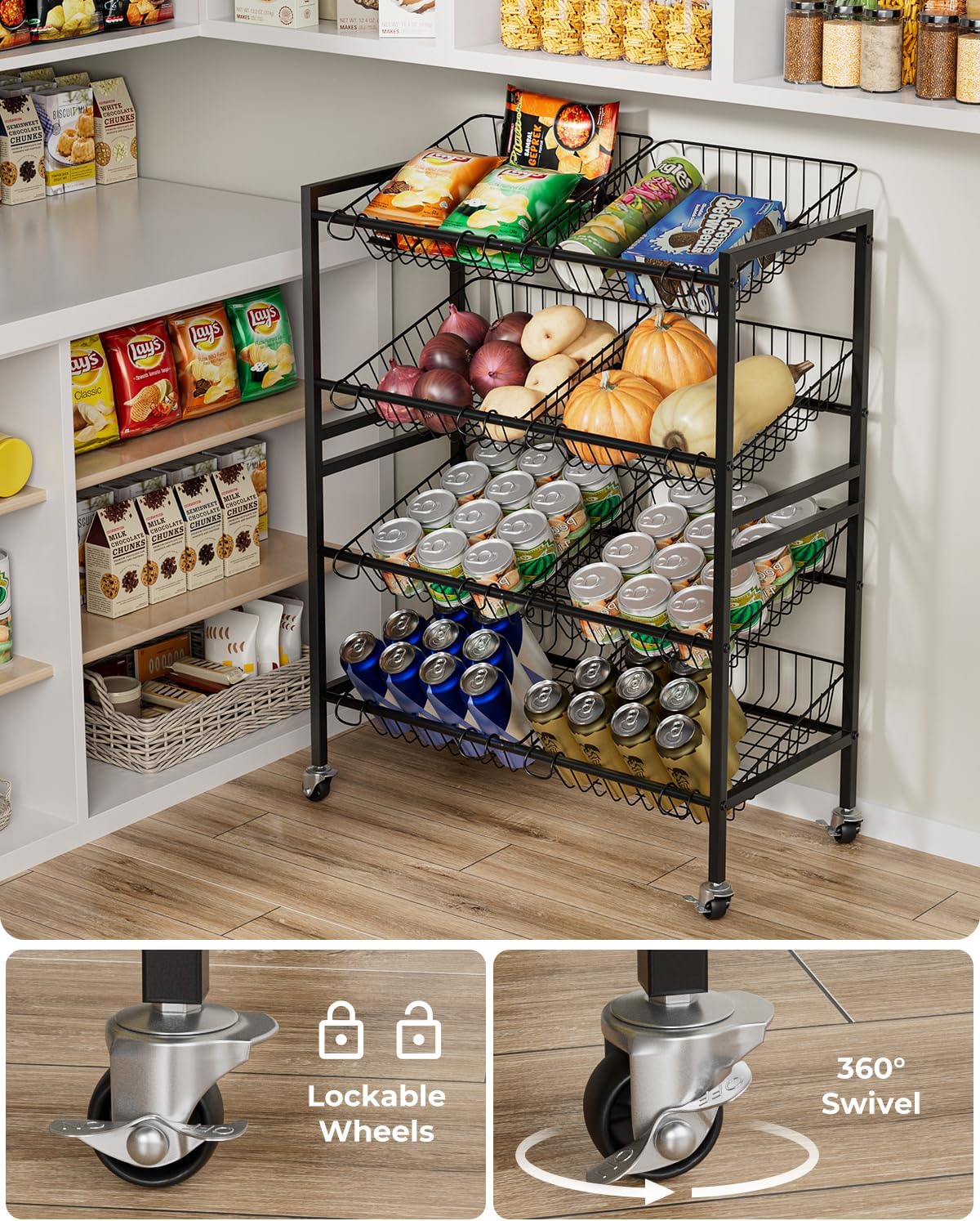 Evermagin 25.2''W Kitchen Storage Cart, Rolling Snack Cart, 4 Tier Fruit Basket Vegetable Stand, Metal Pantry Storage Organizer with 8 Removable Baskets for Onion Potato, Black