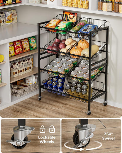 Evermagin 25.2''W Kitchen Storage Cart, Rolling Snack Cart, 4 Tier Fruit Basket Vegetable Stand, Metal Pantry Storage Organizer with 8 Removable Baskets for Onion Potato, Black