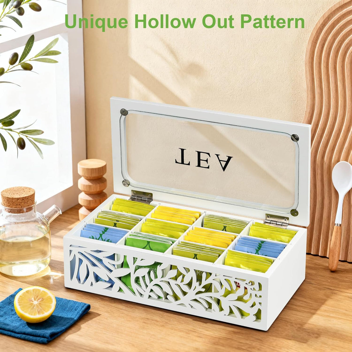 Tea Box Organizer,Wood Tea Organizers and Storage,12 Compartments Teas Bag Organizers,Teas Bag Holder Organizer,Wooden Storage Box for Countertop Kitchen Cabinet Pantry