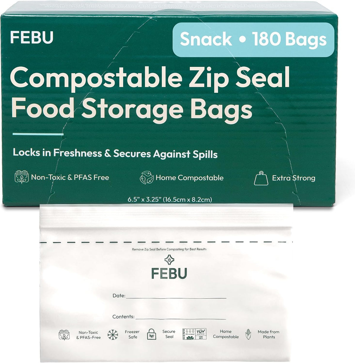 FEBU Compostable Food Storage Bags Variety Pack, 260 Count | Compostable & Biodegradable | PFAS & BPA Free | Drawer Organizer Box | 90 Snack, 90 Sandwich, 50 Quart, 30 Gallon