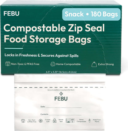 FEBU Compostable Food Storage Bags Variety Pack, 260 Count | Compostable & Biodegradable | PFAS & BPA Free | Drawer Organizer Box | 90 Snack, 90 Sandwich, 50 Quart, 30 Gallon