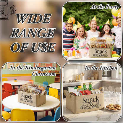 Snack Bar Organizer Basket, Burlap Fabric Snack Storage Holder with Waterproof Lining & Handles, Collapsible Bar Station Organizer Bin for Kitchen Pantry Cabinet Home Movie Night Party