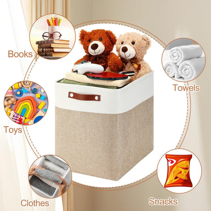 Uiifan 10 Pcs Collapsible Storage Bins Fabric Foldable Storage Basket with Handles Cloth Organizer Linen Shelf Baskets for Shelves Home Closet Nursery Toys(16 x 12 x 10 Inch,Gray and White)