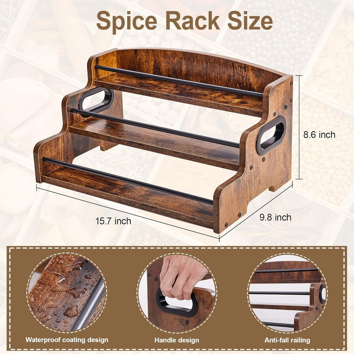 Aminigram Wood Spice Rack Organizer for Cabinet, 3 Tier Spice Shelf Storage, Kitchen Seasoning Organizer for Spice Bottles, Jars, Seasonings, Baking Supplies
