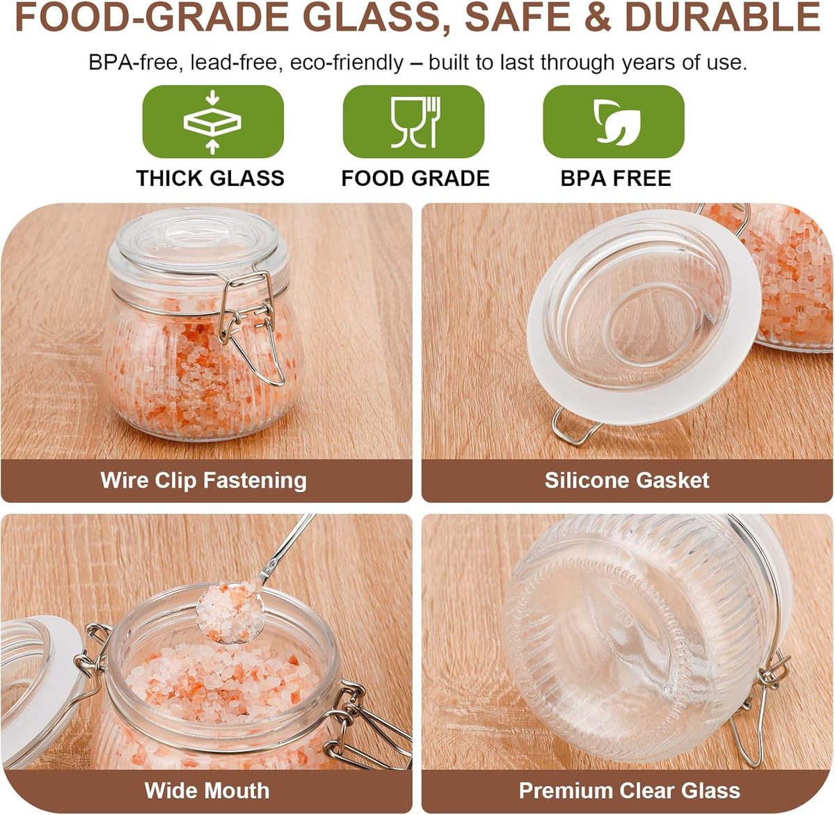 17oz Airtight Glass Jars, 6 Pack Clamp Lid Canisters, Small Food Storage Containers for Spices, Nuts, Snacks, Canning Jar for Jams & Pickling, Pantry Organization